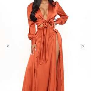 Burnt Orange Satin Maxi Dress – Deep V | High Slit | Evening Gown